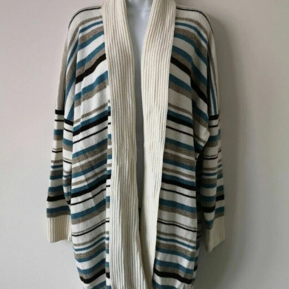 NWT ESKANDAR White Multi Cashmere Shawl Collar Striped Long Cardigan One Size OS